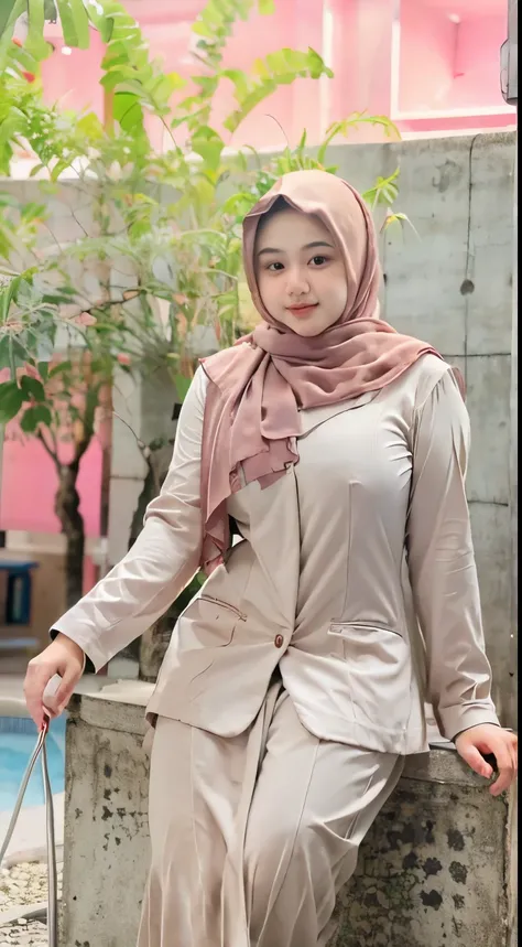 1 indonesian ijab girl, 18 years old, ((modern plain white hijab)), shy, medium portrait, watery eyes, pink glowing particles, (((slim fit uniform))), ((big breasts)), pink light bokeh background, well-proportioned body, full body shot, (((thick body))), (...