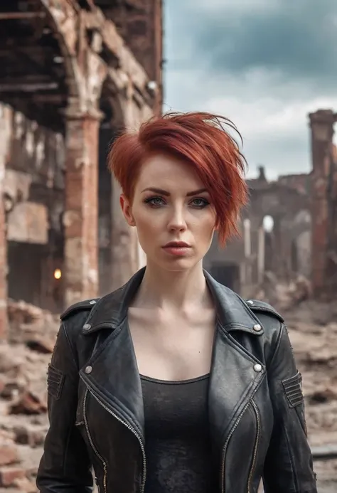 a mid portrait photo of 30 y.o woman in wastelander clothes, red hair, short haircut, pale skin, slim body, the background is city ruins, clean face, wearing a leather outfit, realistic textured eyes, (high detailed skin:1.2),8k uhd, dslr, soft lighting, h...