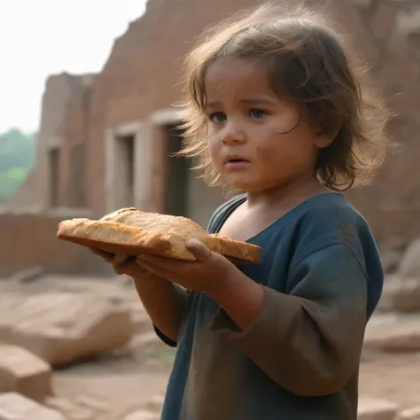 HD details，masterpiece，a child，Hair is messy，The face is dirty，Reach out and take the bread given by others，Background battlefield ruins，collapsed building，Dilapidated brick walls