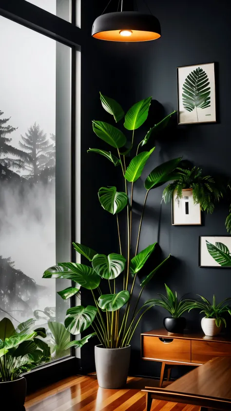 Mid-century modern living room dimly lit, outside is dark rainy nights, (foggy rainy nights: 1.2), Pacific Northwest, (dim lights: 1.4), (moody lights: 1.2), plants, large plants, rainy days, monstera, many plants, (foggy windows: 1.2), masterpiece, best q...