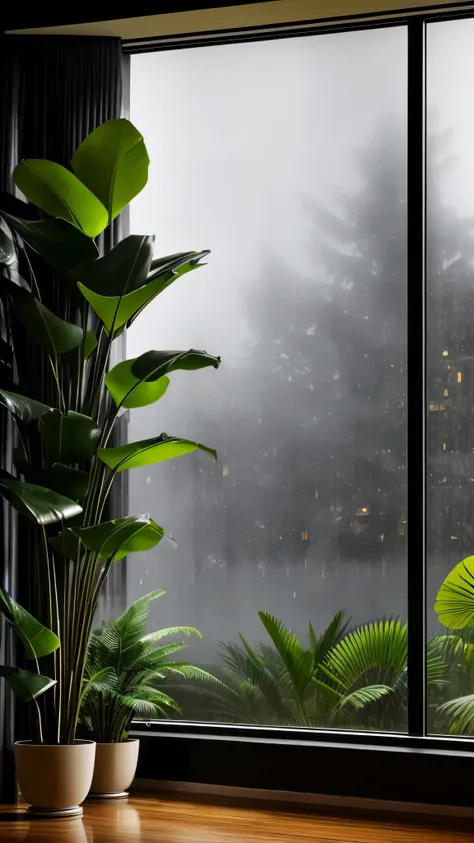 Mid-century modern living room dimly lit, outside is dark rainy nights, (foggy rainy nights: 1.2), Pacific Northwest, (dim lights: 1.4), (moody lights: 1.2), plants, large plants, rainy days, monstera, many plants, (foggy windows: 1.2), masterpiece, best q...