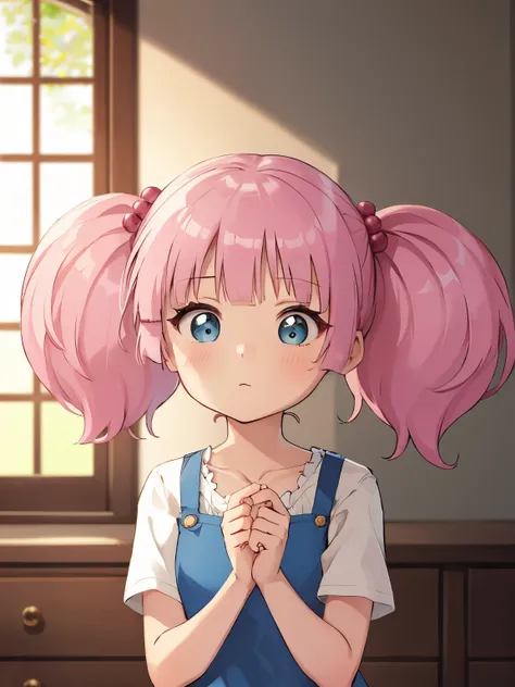 masterpiece, highest quality, very detailed, girl,twin tails, pink hair, hair ornaments,hair bobble, blue eyes,indoors,