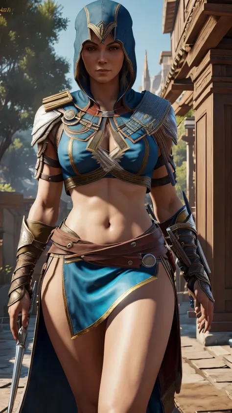 Very nsfw, extremely detailed Kassandra Assassins Creed Universe sexy pose, revealing clothing, 