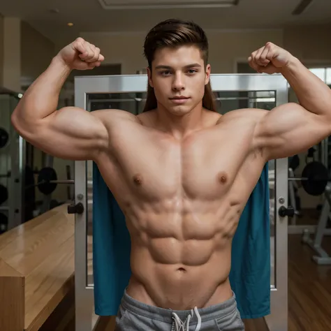 An 18-year-old boy bodybuilder, embodying the perfect fusion of Billy Magnussen, Cody calafiore, and Joey Lawrence with long hair, exuding an aura of strength and confidence. Enhanced with HDR technology, this image depicts a true masterpiece with flawless...