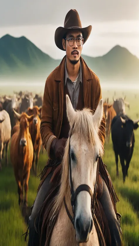 a 38 year old Indonesian young man with a clean face, cowboy hat, buzz cut hair, thick-rimmed glasses, cowboy appearance, riding a running horse and herding a herd of cattle on the prairie, with a very detailed and realistic photo, morning atmosphere, back...