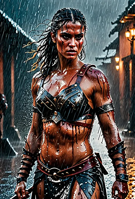 style,Epic illustration of a barbarian warrior woman, standing resolute in the pouring rain,looking at the camera, close up, evoking the grandeur of Gladiator, soaked in blood, undamaged details, while rendering with dynamic lighting, sweeping camera angle...