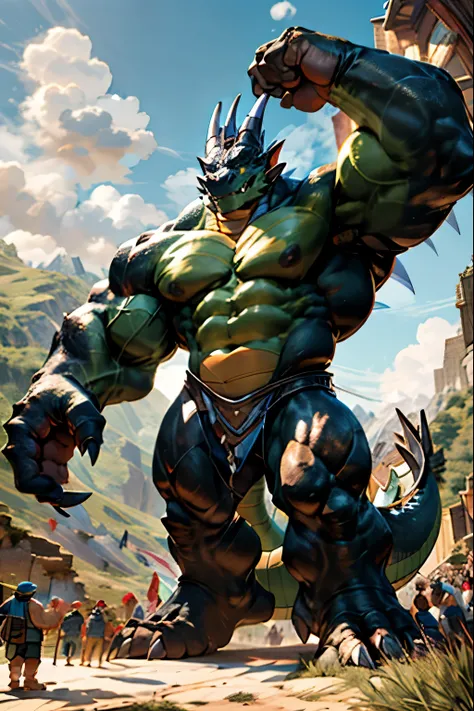 furry，Dragon Orc，black body，towering giant，Huge，Higher than a mountain，Height 1999 meters，The perspective of looking up，Looking up from the bottom of the huge feet，naked，muscular，chest muscles，abdominal muscles，Crowds of people，outdoor，open mountain forest...