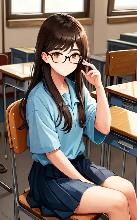 A keen girl, brown eyes,  sitting in classroom , student with glasses, long hair, Korean modern high school student clothes, casual style, ultra high Quality potrait