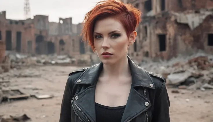 a mid portrait photo of 30 y.o woman in wastelander clothes, red hair, short haircut, pale skin, slim body, the background is city ruins, clean face, wearing a leather outfit, realistic textured eyes, (high detailed skin:1.2),8k uhd, dslr, soft lighting, h...