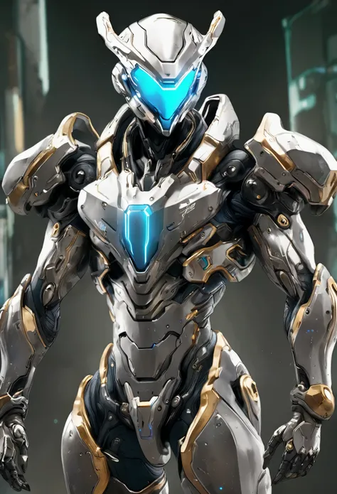 Wearing a mechanical suit, mechanical marvel, cyberpunk, cybernetic guardian, futuristic armor,arms， whole body, frontal pose, symmetry, complex (steel metal [rust]), joint, Warframe style, cyborg, Male body and armor,