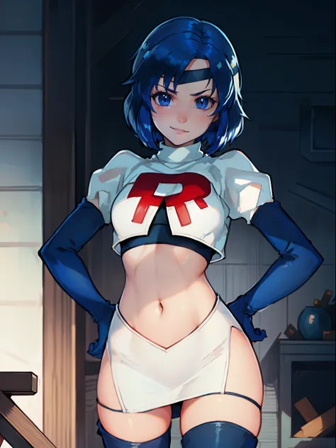 face of catria (fire emblem), short hair, blue hair, headband ,1girl,team rocket,team rocket uniform, red letter r, white skirt,...