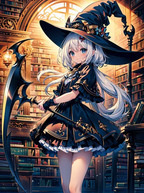 (masterpiece), best quality, highly detailed, a magus girl with white hair holdding a magical scythe, witch hat, huge horn, fril...