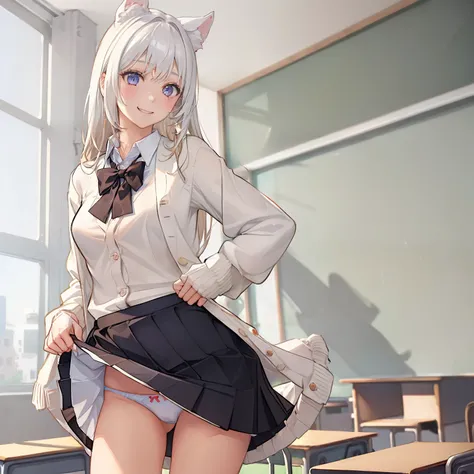 ((1 girl:1.5))、(smile:1.5)、small breasts、（cowboy shot）、(fun!!)、(white cardigan:1.5)、(dog ears)、(white hair)、blush、(long hair)、(eye highlights:1.3)、blake black shoes,(黒いskirt:1.5)、bow, button, shirt with collar, long sleeve,  ((red bow tie, ,, white shirt, ...