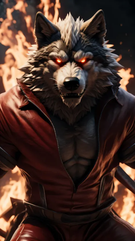 (best quality,8k,highres,masterpiece:1.2),ultra-detailed,(photorealistic:1.37),(the ultimate Orochi wolf),red glowing eyes,staring at the viewer,detailed facial features,same design as Iori Yagami,background from The King of Fighters XV,fiery background,se...