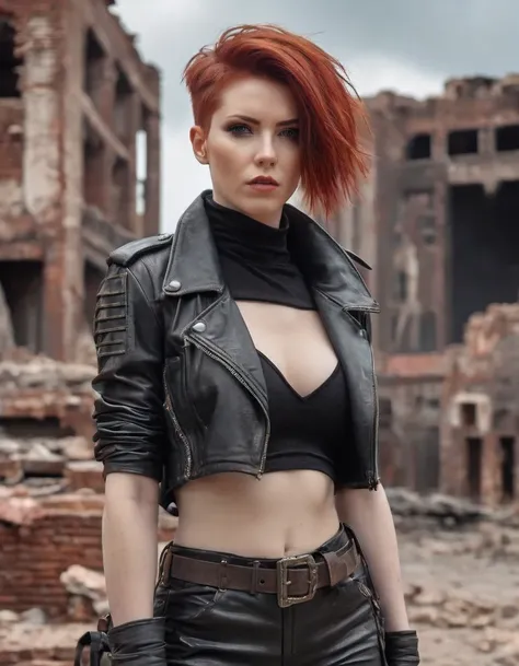 a mid portrait photo of 30 y.o woman in wastelander clothes, red hair, short haircut, pale skin, slim body, the background is city ruins, clean face, wearing a leather outfit, realistic textured eyes, (high detailed skin:1.2),8k uhd, dslr, soft lighting, h...