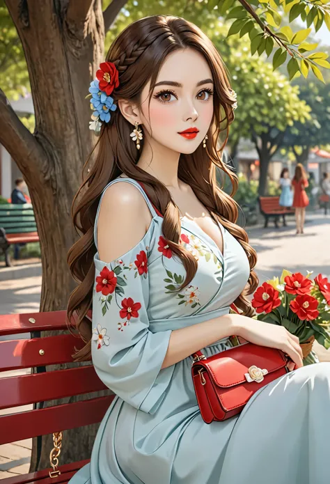 1girl  solo  long hair  breasts  looking at viewer  brown hair  hair ornament  dress  brown eyes  jewelry  sitting  upper body  braid  flower  earrings  outdoors  hair flower  bag  tree  leaf  handbag  red lips  bench