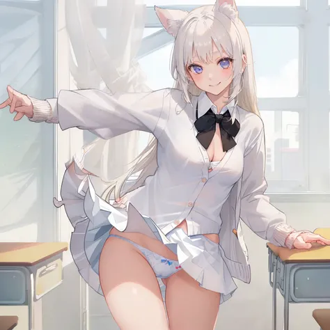 ((1 girl:1.5))、(smile:1.5)、small breasts、（cowboy shot）、(fun!!)、(white cardigan:1.5)、(dog ears)、(white hair)、blush、(long hair)、(eye highlights:1.3)、blake black shoes,(黒いskirt:1.5)、bow, button, shirt with collar, long sleeve,  ((red bow tie, ,, white shirt, ...