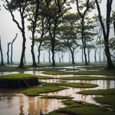 ,
(masterpiece, best quality:1.2), clay, swamp, forest, grass, nature, fog, gross water, leaves, dead trees, huge trees, moss, h...