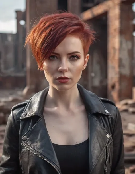 a mid portrait photo of 30 y.o woman in wastelander clothes, red hair, short haircut, pale skin, slim body, the background is city ruins, clean face, wearing a leather outfit, realistic textured eyes, (high detailed skin:1.2),8k uhd, dslr, soft lighting, h...