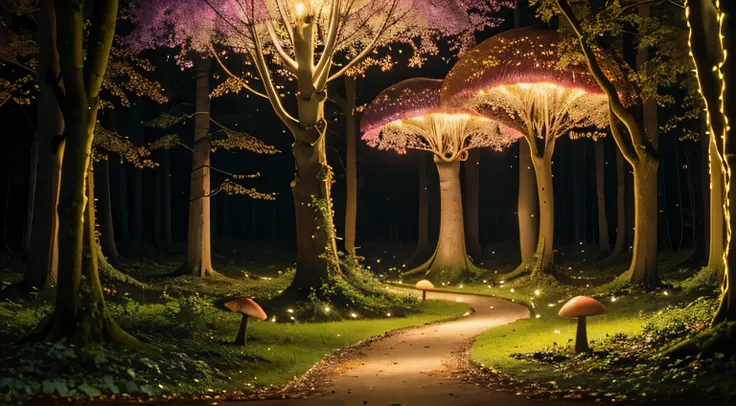 An enchanted forest where trees have colorful leaves and the ground is covered with luminescent mushrooms and fairy lights