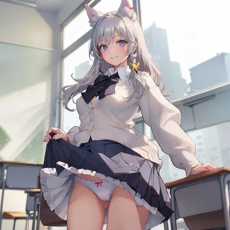 ((1 girl:1.5))、(smile:1.5)、small breasts、（cowboy shot）、(fun!!)、(white cardigan:1.5)、(dog ears)、(silver hair)、blush、(long hair)、(eye highlights:1.3)、blake black shoes,(黒いskirt:1.5)、bow, button, shirt with collar, long sleeve,  ((red bow tie, ,, white shirt,...