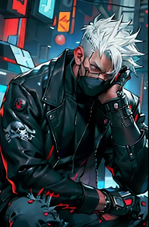 ((Best quality)), ((masterpiece)), ((realistic)), ((handsome male)) ((beautiful male)), (punk jacket:1) dark theme, closeup face focus, ultra realistic futuristic cyberpunk muscular male white hair sitting on throne, cyberpunk face (intricate black skull f...