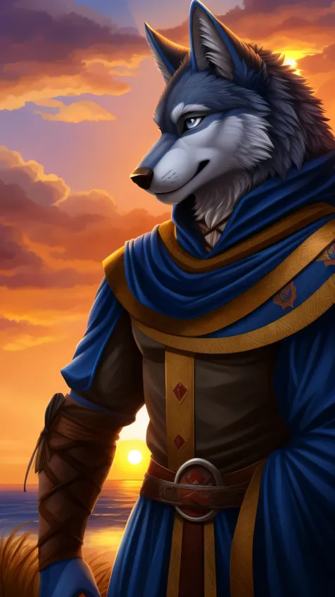 best quality, high detail, wolf furry (blue color), gray eyes, medieval clothes, happy features, defined body, muscular, sunset, Sky with clouds and sun, 