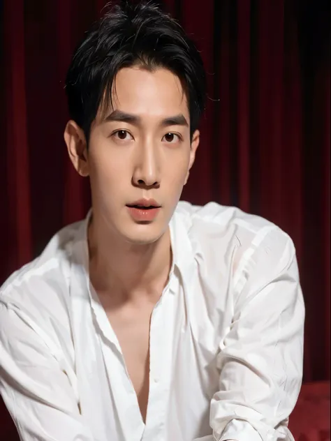 arafed asian man in a white shirt sitting on a red sofa, cai xu kun, kim doyoung, jinyoung shin, won bin lee, yanjun chengt, hyu...