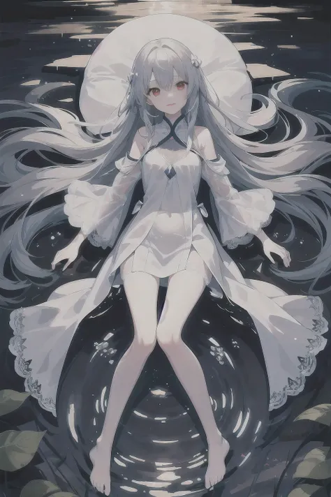 Dreamy beautiful moonlight in dark forest。View of a 15-year-old girl from above。(wet silver hair and red eyes)。smile slightly。She only wore a long transparent white cloth，It has beautiful lace trim on it。Soak the cloth in water。(splashing in the dark fores...