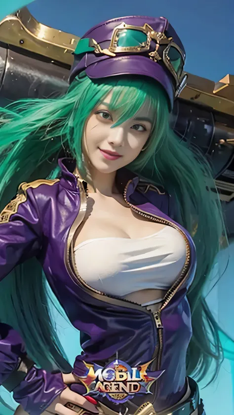 a woman with green hair and a purple sweater, artgerm lau, style artgerm, extremely detailed, Layla green flash mobile legends type old, cleavage breast, breast ball and white tank top, smile and happiness, one eyes is closed, red eyes, nipple pop out, det...