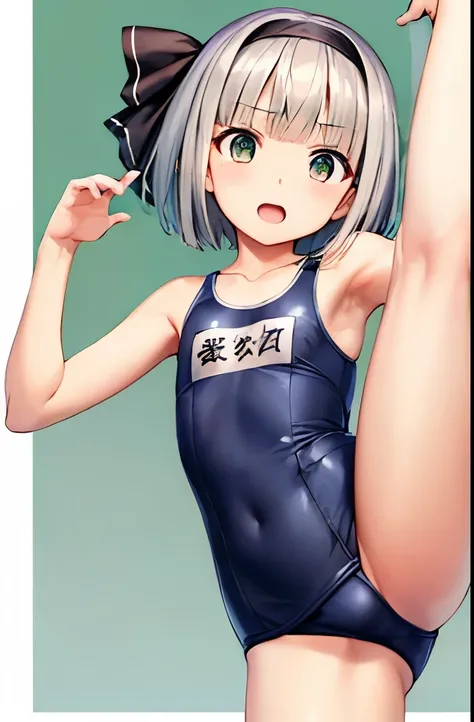 Youmu,flat chest,Navy one-piece school swimsuit,cowboy shot、、((doing a high kick))、