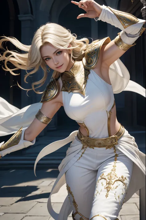 8K,Tall female court holy knight,Super beautiful(like the real thing),Blonde curly hair,smile,green eyes,豪華な赤と白のsexyな胸鎧,luxury white combat pants,muscular slim body,ripped abs,sexy,masterpiece,Photorealistic RAW photos of the highest quality。bright colors,...