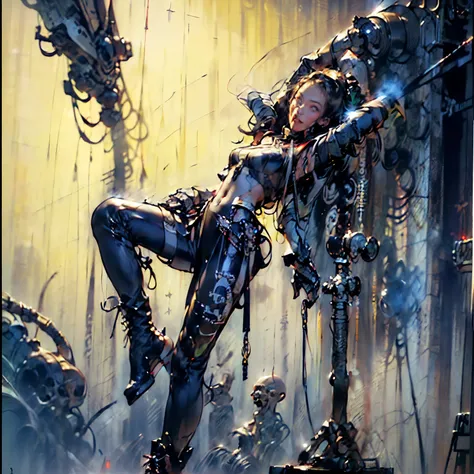 ((Create, one girl 16+), (smoke, fire, shooting), (spaceship airlock, fantastic scene), (dramatic, contrast lighting))_((One girl 16+), (thin graceful body, floor length facing the viewer, standing at full height, powerful weapon in hands), (dynamic pose),...