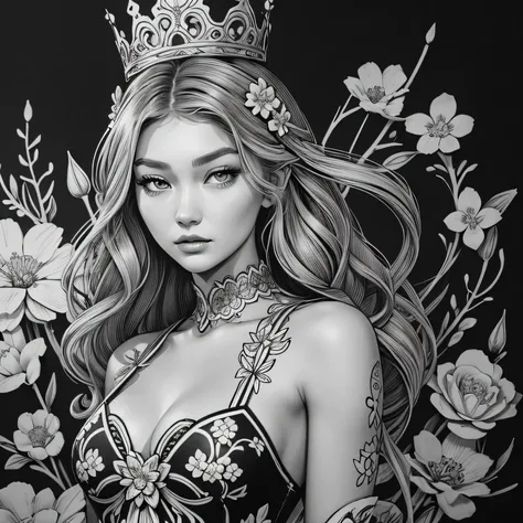 Black and white stick figure 1 girl with flowers,  lots of flowers in background,  in queen dress, its fine ink line art, comic style, full body of ploynesian girl,Gigi Hadid Hollywood glam, wearing crown, beautiful line art, black and white comic style, r...