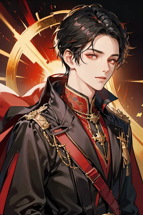 1 male, aldult, handsome, short black hair，center parted bangs, dark red eyes, condescending giggle, the prince wearing black cl...