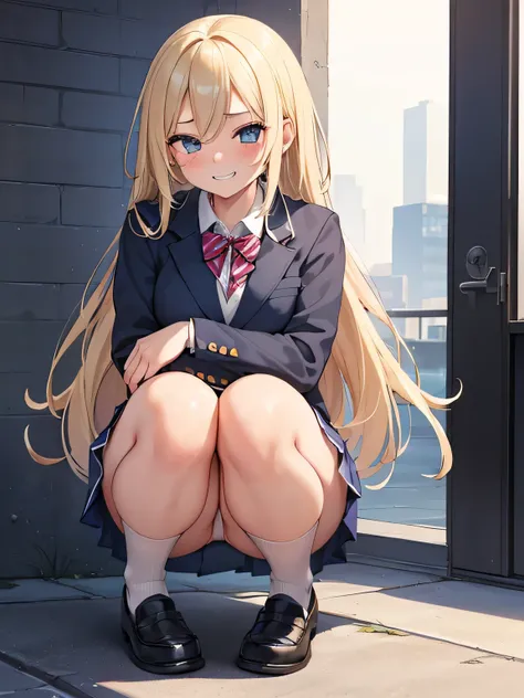 (masterpiece, highest quality, High resolution, realistic pictures, realistic skin:1.1),
(There is one high school girl:1.5),
(She has long blonde hair without bangs and a bare forehead:1.5), 
(She is squatting with her knees together:1.8),
(her thighs are...