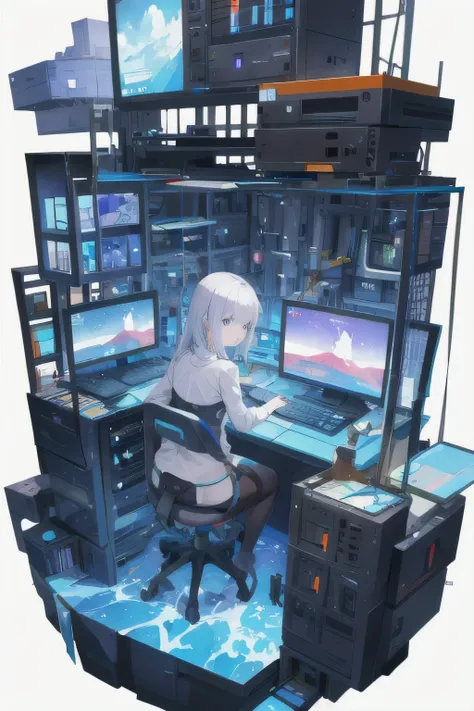 a girl use computer to build up her world.