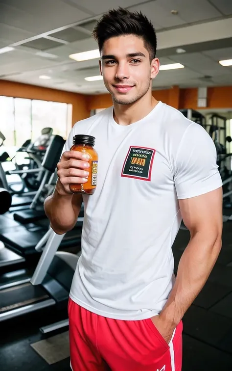 Male athlete, 25 years old, brunette, muscular body, wearing a T-shirt, originally from Peru, standing in the gym, upper body in the photo, ultra-realistic, holding a jar of vitamins, standing in full-face, upper body, in the gym, showing a jar of vitamins...