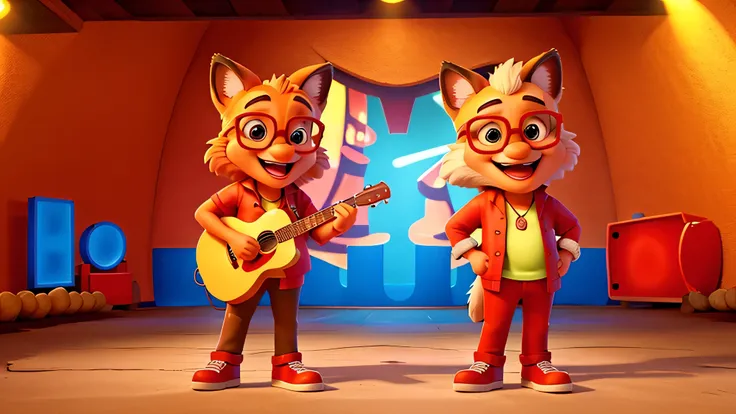 Fox  singing song, cartoon style, Fox, disney cartoon network, red sunny glasses, smile, reggae singer on stage, at a new Year , neon, cartoon character