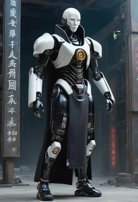 ((imagine))，((whole body))，Chinese monk, wearing black robe，Robot arms and legs，手持电动步枪的cyberpunk僧侣，Standing in a deserted place，white socks，mechanical ceramic shoes ，in the style of futuristic，cyberpunk，high detail