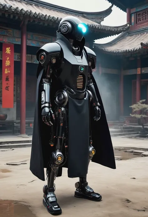 ((imagine))，((whole body))，Chinese monk, wearing black robe，Robot arms and legs，手持电动步枪的cyberpunk僧侣，Standing in a deserted place，white socks，mechanical ceramic shoes ，in the style of futuristic，cyberpunk，high detail