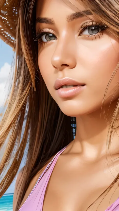 Bada Shanlen crushes Venezuelan female supermodel, long hair, pastel yellow micro bikini set, tight, small upper body portrait, big natural breasts, hyper realism, Highly detailed female bedroom background,sunlight , ((close up of face))