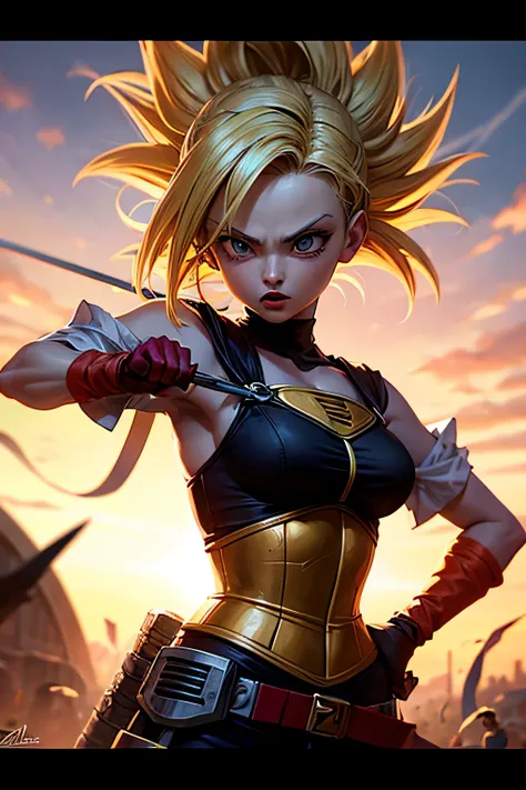 Androide18  rubia cabello corto girl dragonballz realismo,animado, girl atack con espada,  esquivando ,combate en defensiva, epic ,Photography style ,fondo de pantalla HD, detallado