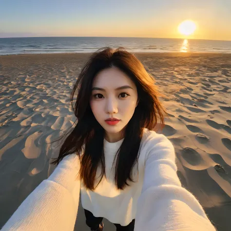 mix_girl,sunset，A woman takes a fish-eye selfie on the beach, The wind blew through her messy hair. The sea stretched behind her, Creates a stunning aesthetic and atmosphere，The rating is 1.2.,mix girl woman