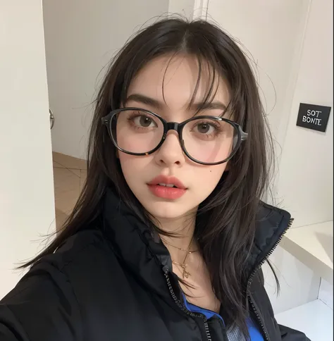 arafed woman with glasses and a black jacket taking a selfie, charli xcx, thick lens glasses, violeta myers, with glasses, dua l...