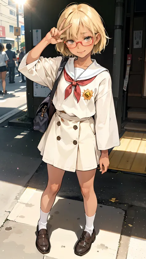 (super flat, flat shading), Honors Type, Really blushing, 17 years old, Japanese school girl, Short bob cut blonde hair, Glasses, (((sun burn dark skin))), sweaty healthy body, mesugaki smile, , bare legs, loafers, ultra realistic, early morning, standing ...