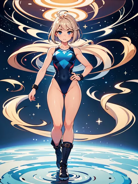 (((pixel-perfect, detail-perfect))), 1girl,  (college student), superhero, gymnast_outfit leotard, bare legs, boots, standing straight, solo focus, golden belt, one hand on hip, full body shot, outer space backdrop, sleeveless, ultra highres, absurdres, be...