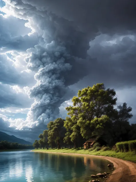 Tornado elecrtico en medio de una tormenta,el cielo nublado ,sin sol,con lluvia y viento,luces de los rayos,destellos cegadores,todo el cielo cubierto de rayos,tornado girando,tornado gigante con rayos dentro y fuera,there is a river and a small country ho...