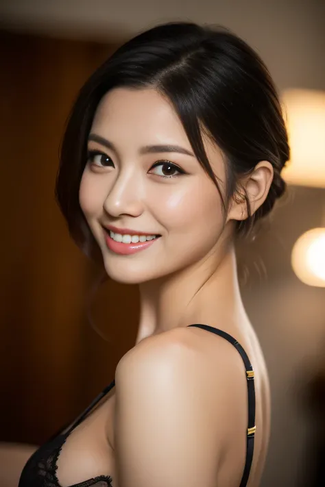 asian lady  (black silk lingerie) , deep neck line, medium breast, rounded shape breast, super beautiful, asian beauty, sexy eyes, detailed eyes, ((mid-shot, upper body, slender waist)), (hyper-realistic), Hair Up Do, cartilage piercing top of ear, Glowing...