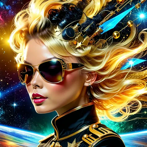 (best quality,4K,8K,High resolution,masterpiece:1.2), super detailed, (actual,photoactual,photo-actual:1.37), rock star, singer, Black tight military uniform, golden accents, Gliding through space, ecstatic singing, Stage lighting, rebellious, glitch art, ...